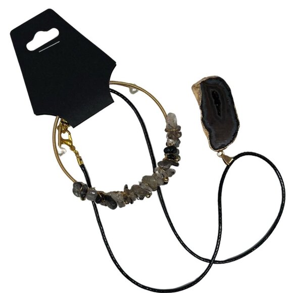 Black Agate Tourmalinated Quartz Bracelet and Necklace Bundle Jewelry Set - Picture 1 of 11